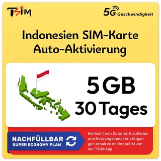Bali Indonesien SIM-Karte | 5GB Super Economy Nachfüllplan! Automatische Aktivierung mit 30 Tagen Gültigkeit | 5G/4G-Geschwindigkeit | Hotspot erlaubt | Nur-Daten, Keine Telefonnummer