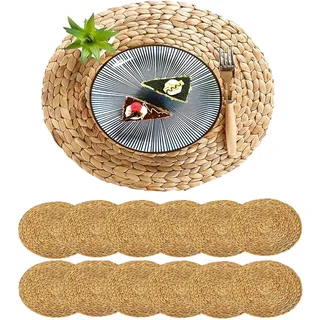PECZEKO 12er Set Rund Seegras Platzset Abwaschbar Platzsets Tischsets Werden, Boho Platzteller, Ideal für Weihnacht Hochzeit Küche Party, Hitzebeständige 35cm Platzdeckchen Abwaschbar, Natur