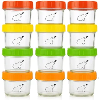 Budding Bear Vorratsdosen Glas für Babynahrung, Glasfrischhaltedose 120ml (12 Stk) - Gefrierdosen Klein mit Schraubdeckel, Glasbehälter Rund Mikrowellenfest (Außer Deckel) - Schadstoffrei, Mehrweg