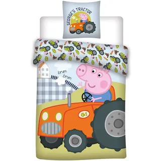 036 Bettwäsche, Peppa Pig Georges Traktor, wendbare Bettwäsche, Kissenbezug 40 x 60 cm + Bettbezug 100 x 135 cm, 100% Baumwolle X