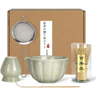 Matcha Set Komplett, Keramik Matcha Schale mit Ausgießer, Bambus Matcha Besen, Keramik Besenhalter, Bambuslöffel & Pulversieb - Traditionelles Teezeremonie Set, Ideales für Matcha-Liebhaber