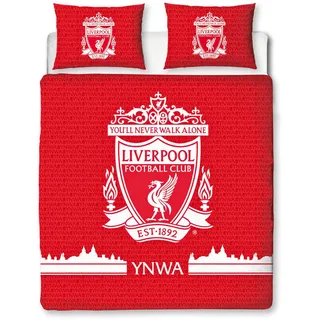 Character World Liverpool FC Offizielles Bettwäsche-Set für Doppelbett, Farbdesign, wendbar, 2-seitig, Fußball-Bettwäsche, offizielles Lizenzprodukt, inklusive passenden Kissenbezügen