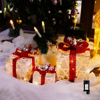CCLIFE LED Geschenkbox 3er Set mit Netzstecker Weihnachtsdeko Lichterkette | 3 beleuchtete Geschenkboxen mit Netzstecker und Lichterkette für Weihnachtsdeko, Wohnzimmer, Fensterbank und festliche Deko
