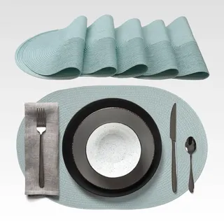 agyo Set mit 6 ovalen Tischsets, geflochten, 44 × 29,5 cm, aus Polypropylen, Ozeanblau, rutschfest, waschbar, rollbar, Elegante Dekoration für Tisch, Küche und Outdoor