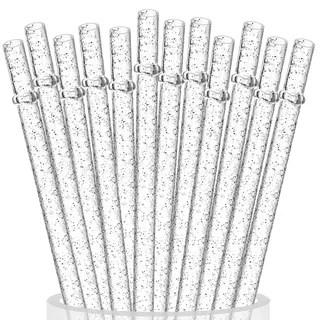 ALINK 12-Pack wiederverwendbare klare Kunststoff Glitter Strohhalme, 28cm lange harte Tumbler Ersatz Strohhalme für 590ml 890ml Yeti/Rtic, Mason Jars mit Reinigungsbürste