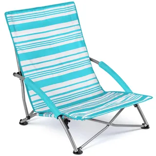 Trail Niedriger Campingstuhl Faltbar, Leichter Klappstuhl für Camping, Terrasse, Festival, Picknick, Garten, Gepolsterte Armlehnen, Strandstuhl, Anti-Sink-Füße, Tasche mit Gurt, Blau Gestreift