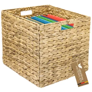 HMF Aufbewahrungskorb für DIN A4 Hängeregister passend für KALLAX Regal, Korb geflochten aus Wasserhyazinthe mit Griffen | 33 x 38 x 32 cm | Natur