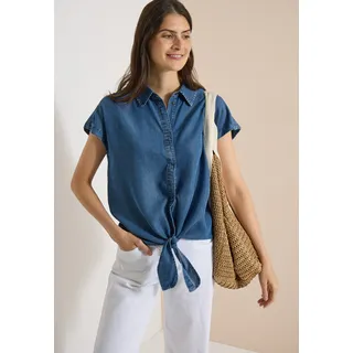 Hemdbluse CECIL, Damen, Gr. XXL (46), mid blau wash, Web, Obermaterial: 100% Lyocell, unifarben, lässig geschnitten hüftbedeckend, Rundhals, abgesteppte Kante, Blusen Hemdbluse, Sommerbluse im Denim-Look / Knotendetail am Saum