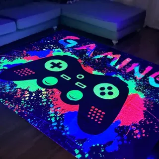 HOLAVIDA Neon Spiel Teppiche Gegend, 3D Schwarzlicht UV-Reaktiver Spiel Controller Teppich, rutschfeste Fluoreszierende Bodenmatte, Leuchtet im Dunkeln Spielmatte für Kinder Spielzimmer 180x120cm