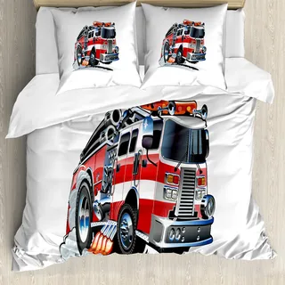 ABAKUHAUS Lastwagen Bettbezug, Feuerwehr LKW, Milbensicher Allergiker geeignet mit Kissenbezügen, 200 cm x 200 cm - 80 x 80 cm, Baby Blue Scarlet