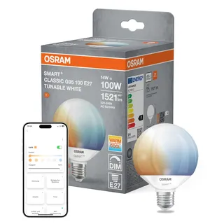 Osram SMART+ LED-Lampe Globe 95 E27 Tunable White, dimmbar, Matter-kompatibel, WiFi, steuerbar per App und Sprache, 14W, 2700-6500K