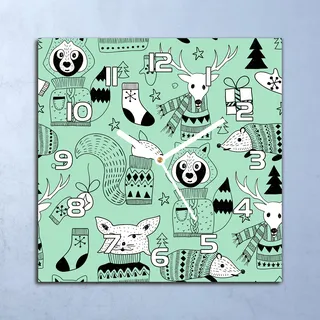 Deko Glasuhr Wanduhr 30x30 Skandinavische Waldtiere Winter Küchenuhr Bürouhr - Grün