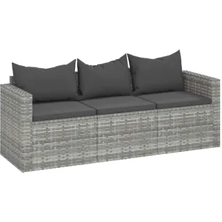 vidaXL Gartensofa 3-Sitzer mit Kissen Grau Poly Rattan