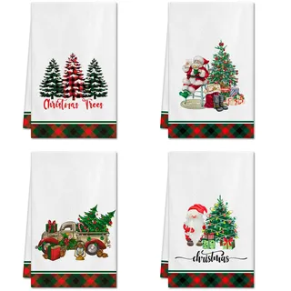 Ohok 4 Stück Weihnachten Handtücher 45x65 cm, Mode Dekoration Küchentücher Weihnachtsmann Geschirrtücher Weiche Mikrofasertücher für Badezimmer Küche Trockentuch Weihnachten Deko (Set P)