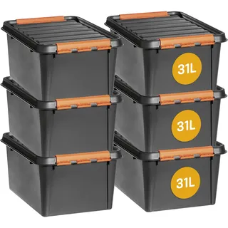 SmartStore Aufbewahrungsboxen mit Deckel, groß – 6er-Set zur Werkzeugaufbewahrung – robuste Box mit 31 l – ineinander und übereinander stapelbar – BPA-freier Kunststoff – 50 x 39 x 26 cm – schwarz