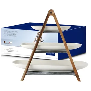 Villeroy & Boch – Artesano Original Etagere, 4-Teilig, 3-Stöckige Etagere Aus Porzellan Und Holz, Geeignet Für Obst, Premium Porzellan/Naturschiefer/Holz