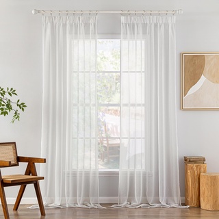 MIULEE Gardinen Vorhänge mit Kräuselband 2er Set Gardine Weiss Vorhang Gardinen Wohnzimmer aus Sheer Voile Curtains Transparent Weiß Schlafzimmer 140 x 300 cm