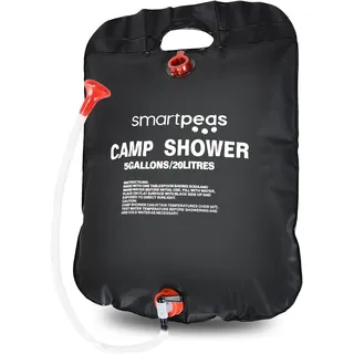 smartpeas Solardusche Camping - Warmwasserdusche ohne Gas und Strom - Gartendusche aus Kunststoff - leicht und faltbar - Campingdusche - Outdoor Dusche - schwarz mit rotem Duschkopf