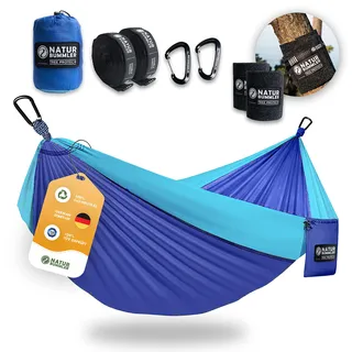 NATURBUMMLER Hängematte Outdoor [Tree Protec+] mit Baumschutz & Befestigung – 300x170cm für 1–2 Personen – Ultraleicht & wetterfest – doppellagige Camping Hängematte für Outdoor Garten (Meeresblau)