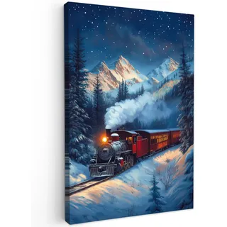 MuchoWow Leinwandbild Zug - Weihnachten - Schnee - Weihnachtszug Wanddeko Schlafzimmer 60x90 cm , Anthrazit , Textil , Kiefer , Abstrakt , Rechteckig , 60x90 cm , FSC 100% , gerahmt , Bilder & Rahmen, Bilder, Leinwandbilder