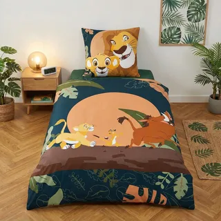 Bettwäsche König der Löwen mit Simba, Deichsel und Pumba, Polyester-Baumwolle, Bettbezug 140 x 200 cm + Kissenbezug 65 x 65 cm