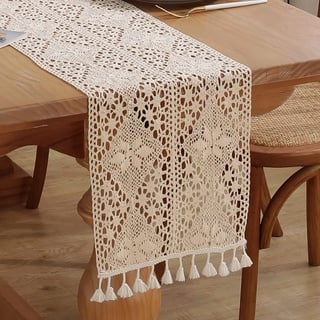 meioro Gehäkelte Tischläufer, 30x200cm Spitze Boho Tischwäsche Klassische Beige Hochzeit Tischdecke Vintage Tassel Tischdeko für Küche Essen Urlaub Party Dekoration Tablerunner