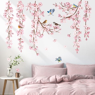 decalmile Wandtattoo Kirschblüte Hängende Wandaufkleber Blumen Rosa Vögel auf AST Wandsticker Schlafzimmer Wohnzimmer Sofa Fenster Wanddeko