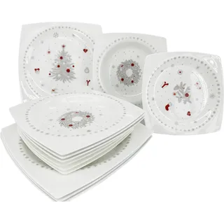 12-teiliges Porzellan-Geschirrset Koleda 2025 - quadratische Form - Weiß, Rot, Grau
