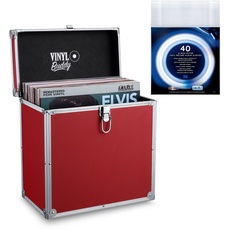 VINYL BUDDY 12" Aluminium-Schallplattenkoffer, für bis zu 40 LPs, inkl. 40x 12-Zoll-Äußere Schallplattenhüllen (Rot)