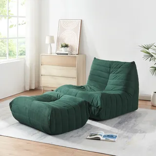 Bodensessel mit Fußhocker 'Kodsø' Bodenstuhl mit Rückenlehne und Sitzpouf 75 x 90 x 100 cm Cord Grün - dunkelgrün