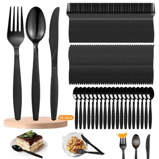 90 Stück Plastikbesteck Schwarz Set, 30 Plastikgabeln, Plastikmesser und PlastikLöffel Party Besteck Plastik Schwarz und Robustem Bestecksets für Familienfeiern, Outdoor Dinner