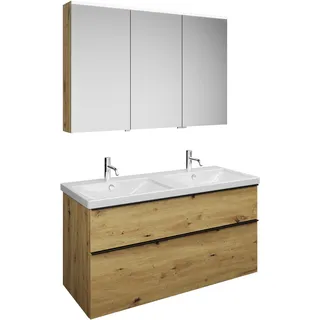 burgbad Eqio Set, bestehend aus Spiegelschrank links, Keramik-Doppelwaschtisch und Waschtischunterschrank, Breite 1230mm, SFAQ123RF5662C0001G0252, Farbe: Eiche Dekor Urban / Eiche Dekor Urban,