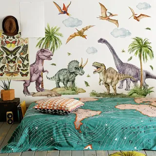 WandSticker4U®- [Aquafarben] Wandtattoo DINOSAURIER Kinderzimmer (86x94 cm) I Wandsticker Dino Dschungel Tiere T-Rex Palme Baum I Wandaufkleber Kinderzimmer Deko Junge Mädchen Babyzimmer