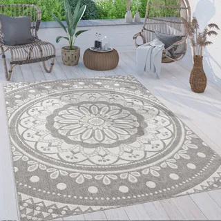 Outdoor Teppich wetterfest & robust Mandala Boho Design pflegeleicht flachgewebt Grösse 120x160 cm - Grau