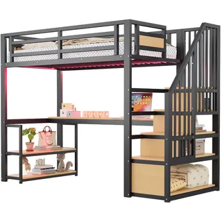 Okwish Hochbett 90 x 200 cm Metall mit LED-Leiste und Steckdose schwarz