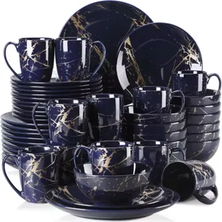 Vittoria Serviesset – 48-teilig – 12 Personen – Dunkelblau/Gold Design – Essteller, tiefe Teller & Frühstücksteller – Premium Keramikgeschirr - Dunkelblau