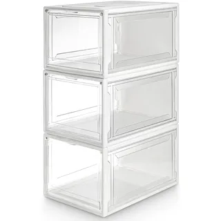 Yorbay Schuhbox, 3er Set, stapelbarer Schuhorganizer, Kunststoffbox mit durchsichtiger Tür, Schuhaufbewahrung, für Schuhe bis Größe 48, Super transparent weiß