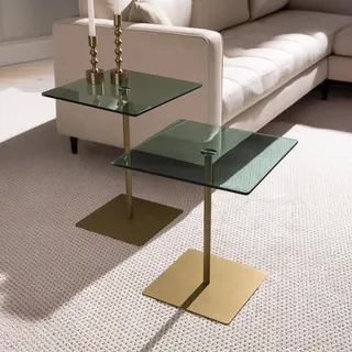 Hanah Home Modernes Couchtisch-Set (2-teilig), Gold & Grün, 40x40x45 & 40x40x50 cm | 100% Sicherheitsglas & melaminbeschichtetes Gestell | Elegantes Design