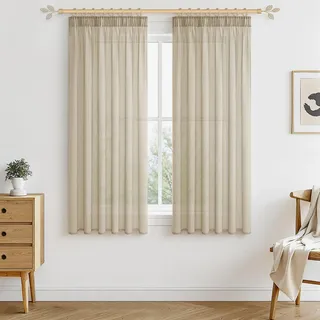 MRTREES Gardinen Beige Kurz mit Gräuselband 120x140cm (HXB) Vorhänge Boho Transparent für Schlafzimmer 2er Set Vorhang Makramee Modern 120 cm lang für Küche, Store, Kinderzimmer