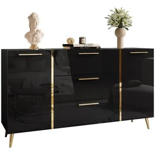 Lookway Kommode MIT Schubladen Onyx AUF Goldenen Beinen Hochglanz 158 Cm , Schwarz , Holzwerkstoff , 158x88x41.3 cm , Kleinmöbel, Kommoden, Sideboards