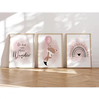 MeinBaby123® Bilder Kinderzimmer | 3er Set DIN A4 | Wandbilder | Poster | Mädchen und Jungen | Babyzimmer Deko | Wandposter Premium (Fuchs & Luftballon rosa)