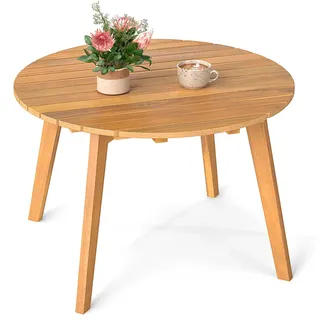 KOMFOTTEU Runder Beistelltisch, Gartentisch aus Holz mit Lattenrost-Tischplatte, kleiner Holztisch aus Akazienholz, wetterfester Balkontisch, Kaffeetisch für Garten, Balkon, Terrasse, 62 x 62 x 40 cm - Naturbelassen
