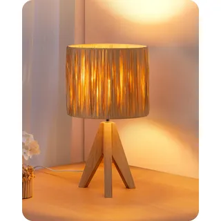 EDISHINE LED Nachttischlampe, handgewebter Seil-Lampenschirm, Landhaus | Massivholz-Stativ, 2700K Warmweiß, Boho Dekolampe für Schlafzimmer, Wohnzimmer, Hotel, inkl. E27 4W Glühbirne