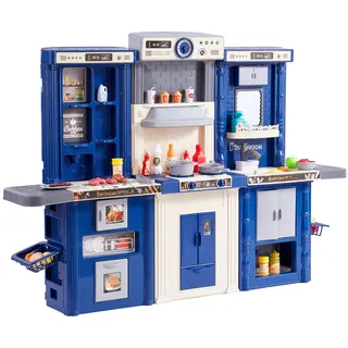 VEVOR Kinderküchen-Spielset, 3-in-1-Kleinkinderküche mit simuliertem Sprühnebel, Geräuschen und Lichtern, Spielküchenset mit 74-teiligem Kochzubehörset für Kleinkinder, Vorschulkinder, Kinder im Alter von 3–8 Jahren, Blau