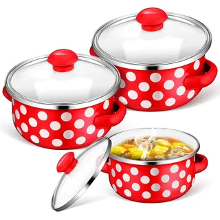 LABRIMP Emaille-Suppentopf Set 3-Teilig Kochtopf Klein Mit Deckel Und Griff Emaillierte Kochtöpfe Für Suppe Nudeln Eintöpfe Küche Und Alltag