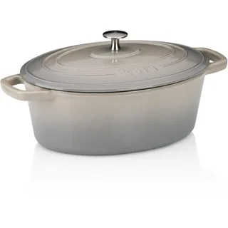 kela Bräter Gusseisen oval 4 Liter, Dutch Oven CALIDO, Induktion Gussbräter mit Deckel, Gusseisen Topf Brot backen, emailliert, hellgrau