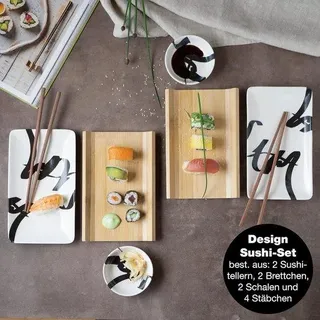 Sushi-Set 10-teilig mit Stäbchen, Saucenschälchen und Sushi-Platten für 2 Personen