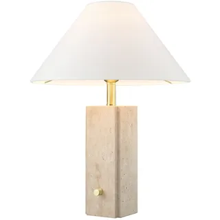 Tischlampe 50 cm Travertin Metall Stoff E27 Hellbraun Weiß Messing