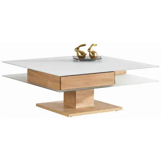 Voglauer Couchtisch , Weiß, Eichefarben , Holz, Glas, Holzwerkstoff , Wildeiche , furniert , 2 Schubladen , quadratisch , eckig , 90x35.5x90 cm , Goldenes M, Made in Austria , höhenverstellbar , Wohnzimmer, Wohnzimmertische, Couchtische, Höhenverstellbare Couchtische