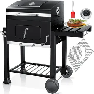 KESSER® Grill Grillwagen XXL Holzkohlegrill mit Deckel, Rädern, Edelstahl-Griff, Grillrost und Thermometer Holzkohle kohlegrill Wagen groß Kohle BBQ Barbeque Camping, Terrasse, Garten - Schwarz